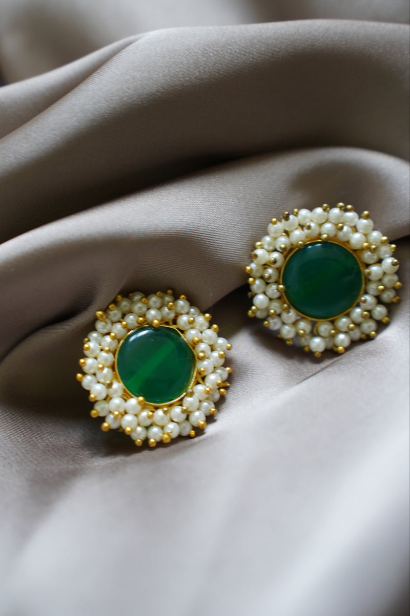 Green Gemstone and Pearl Studs
